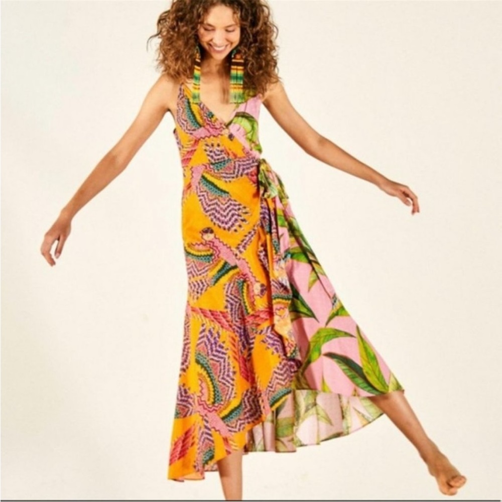 FARM RIO Mixed Prints Midi Wrap Dress In Beaded Macaws + Pink Foliage MEDIUM